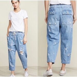 Free People Women's Medium Mixed Up Distressed Jean Jogger Slouchy Barrel Denim